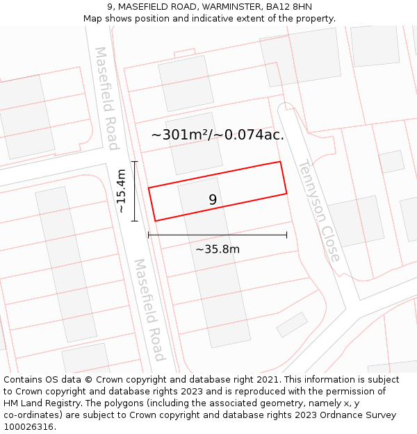 9, MASEFIELD ROAD, WARMINSTER, BA12 8HN: Plot and title map