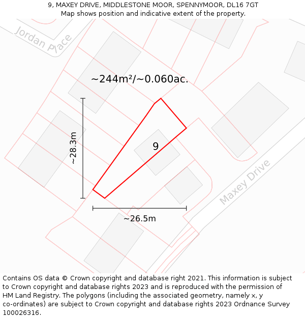 9, MAXEY DRIVE, MIDDLESTONE MOOR, SPENNYMOOR, DL16 7GT: Plot and title map