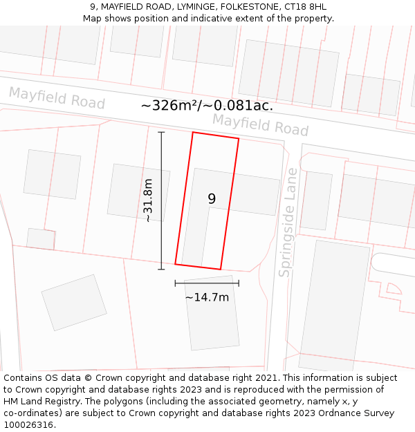 9, MAYFIELD ROAD, LYMINGE, FOLKESTONE, CT18 8HL: Plot and title map