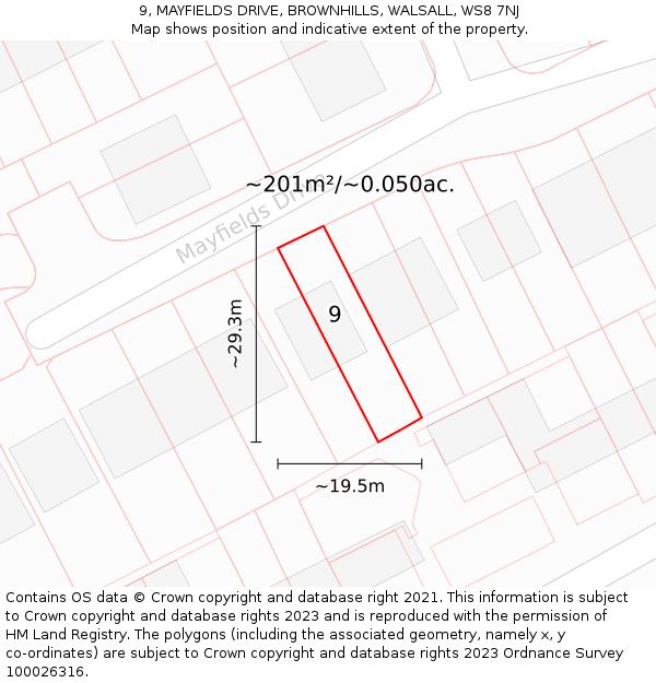 9, MAYFIELDS DRIVE, BROWNHILLS, WALSALL, WS8 7NJ: Plot and title map