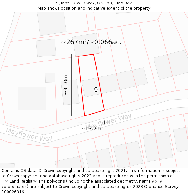 9, MAYFLOWER WAY, ONGAR, CM5 9AZ: Plot and title map