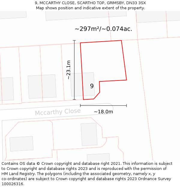 9, MCCARTHY CLOSE, SCARTHO TOP, GRIMSBY, DN33 3SX: Plot and title map