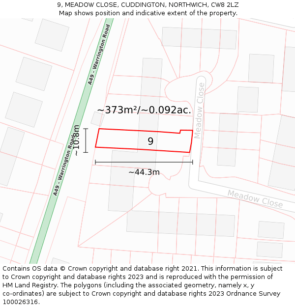 9, MEADOW CLOSE, CUDDINGTON, NORTHWICH, CW8 2LZ: Plot and title map