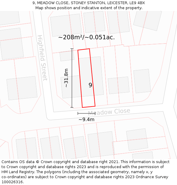 9, MEADOW CLOSE, STONEY STANTON, LEICESTER, LE9 4BX: Plot and title map