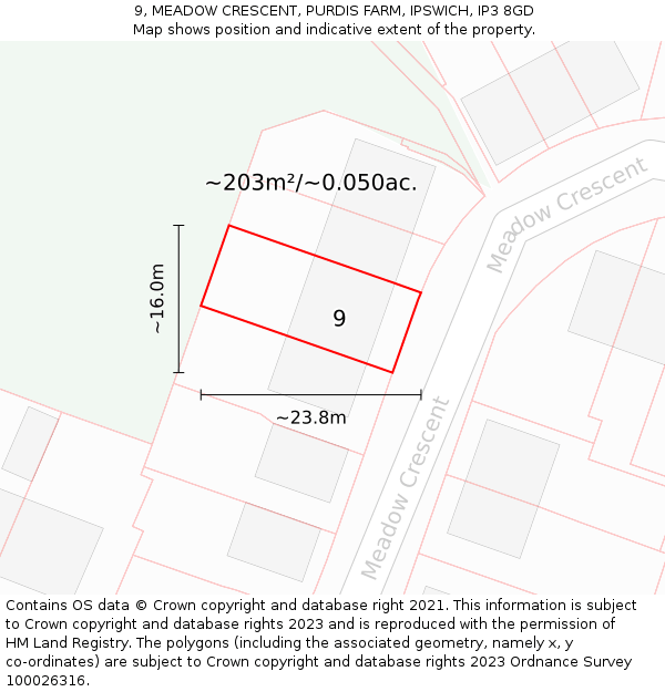 9, MEADOW CRESCENT, PURDIS FARM, IPSWICH, IP3 8GD: Plot and title map