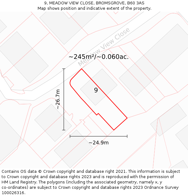 9, MEADOW VIEW CLOSE, BROMSGROVE, B60 3AS: Plot and title map