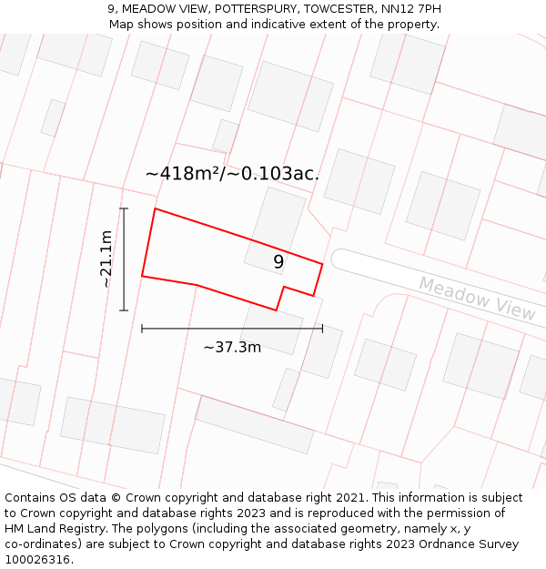 9, MEADOW VIEW, POTTERSPURY, TOWCESTER, NN12 7PH: Plot and title map