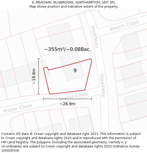 9, MEADWAY, BUGBROOKE, NORTHAMPTON, NN7 3PL: Plot and title map