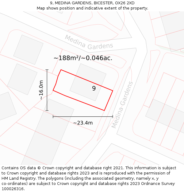 9, MEDINA GARDENS, BICESTER, OX26 2XD: Plot and title map