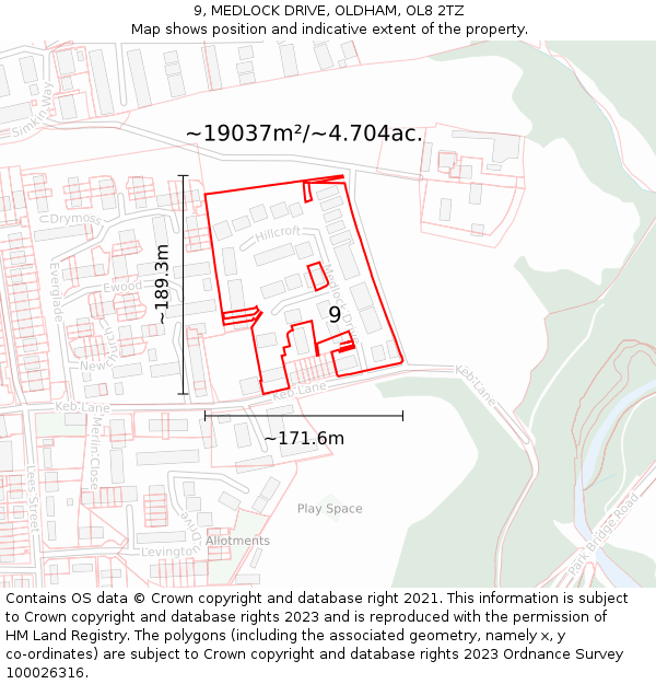 9, MEDLOCK DRIVE, OLDHAM, OL8 2TZ: Plot and title map