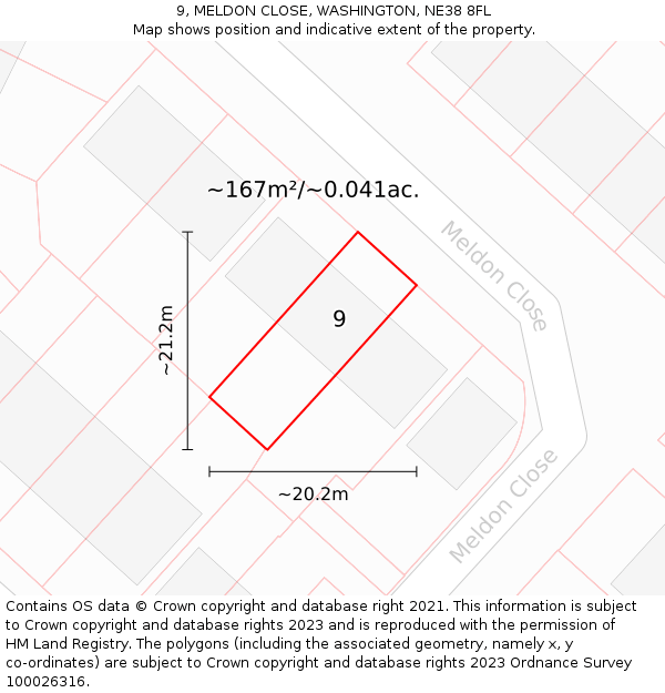 9, MELDON CLOSE, WASHINGTON, NE38 8FL: Plot and title map