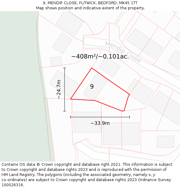 9, MENDIP CLOSE, FLITWICK, BEDFORD, MK45 1TT: Plot and title map