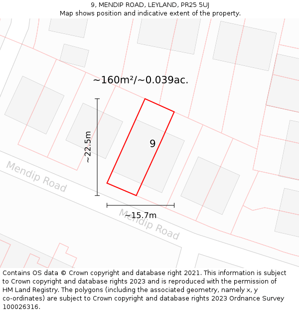 9, MENDIP ROAD, LEYLAND, PR25 5UJ: Plot and title map