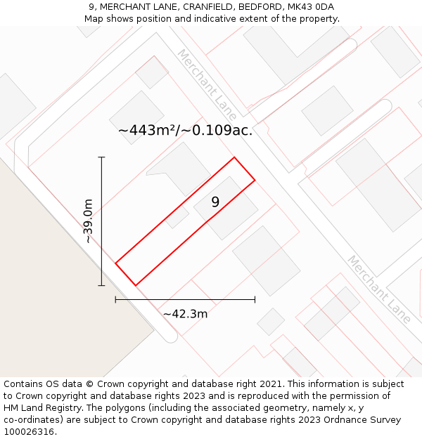 9, MERCHANT LANE, CRANFIELD, BEDFORD, MK43 0DA: Plot and title map
