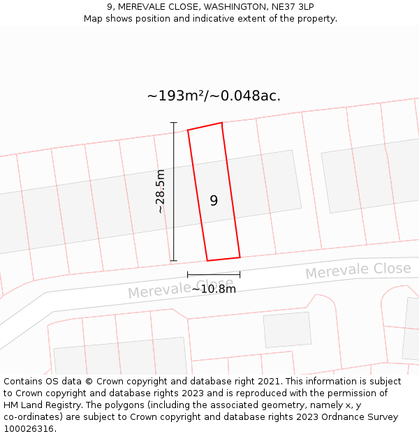 9, MEREVALE CLOSE, WASHINGTON, NE37 3LP: Plot and title map