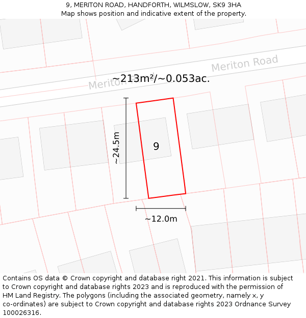 9, MERITON ROAD, HANDFORTH, WILMSLOW, SK9 3HA: Plot and title map