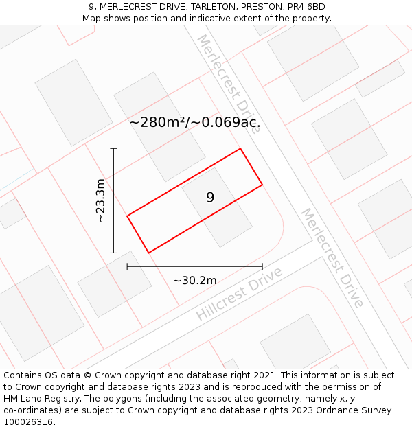 9, MERLECREST DRIVE, TARLETON, PRESTON, PR4 6BD: Plot and title map