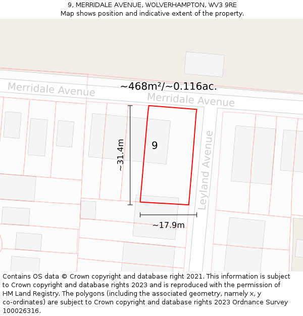 9, MERRIDALE AVENUE, WOLVERHAMPTON, WV3 9RE: Plot and title map