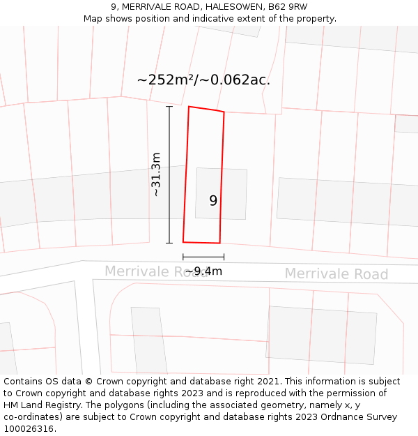 9, MERRIVALE ROAD, HALESOWEN, B62 9RW: Plot and title map