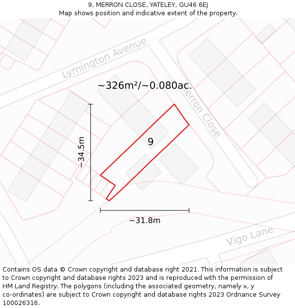 9, MERRON CLOSE, YATELEY, GU46 6EJ: Plot and title map
