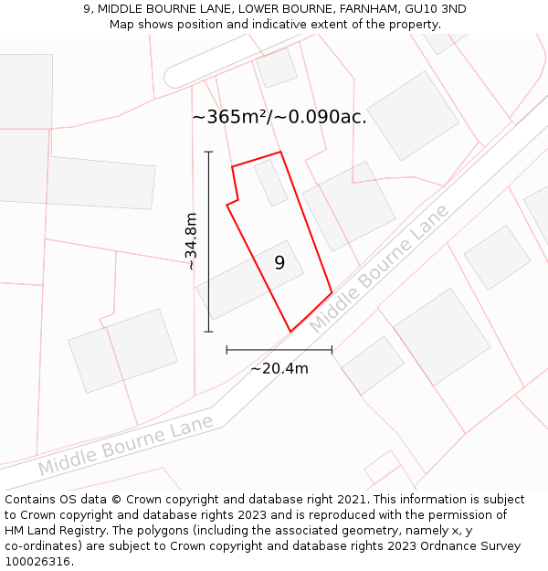 9, MIDDLE BOURNE LANE, LOWER BOURNE, FARNHAM, GU10 3ND: Plot and title map