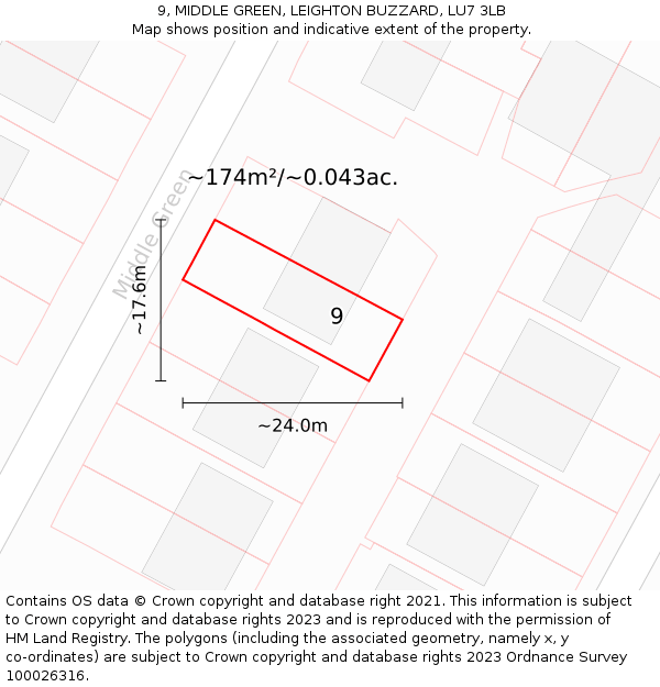 9, MIDDLE GREEN, LEIGHTON BUZZARD, LU7 3LB: Plot and title map