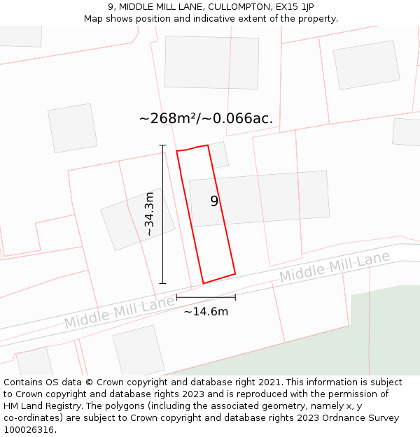 9, MIDDLE MILL LANE, CULLOMPTON, EX15 1JP: Plot and title map