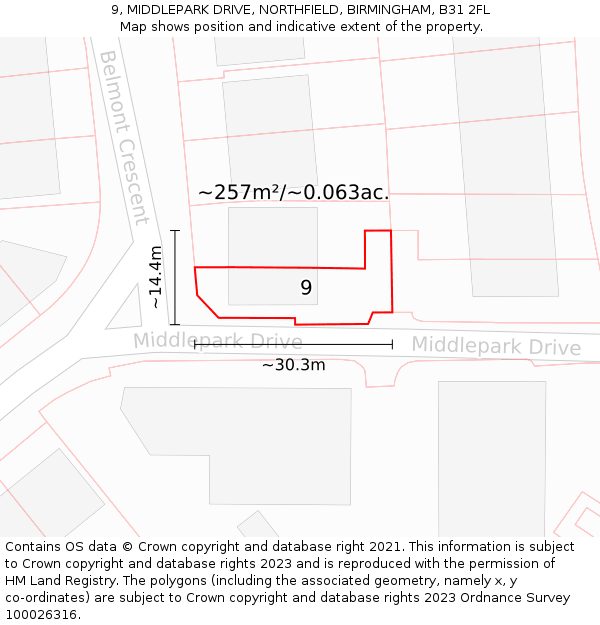9, MIDDLEPARK DRIVE, NORTHFIELD, BIRMINGHAM, B31 2FL: Plot and title map