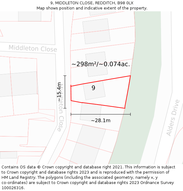 9, MIDDLETON CLOSE, REDDITCH, B98 0LX: Plot and title map