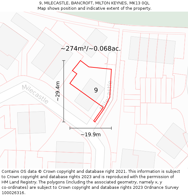 9, MILECASTLE, BANCROFT, MILTON KEYNES, MK13 0QL: Plot and title map