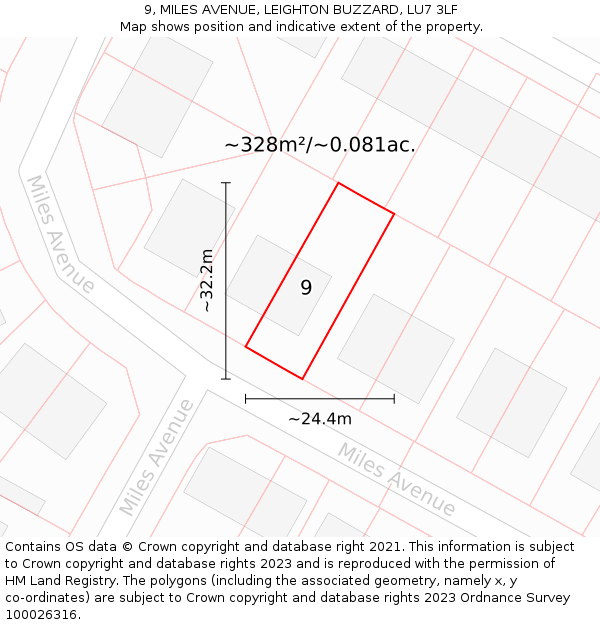 9, MILES AVENUE, LEIGHTON BUZZARD, LU7 3LF: Plot and title map