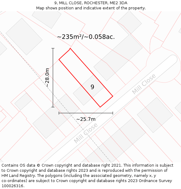 9, MILL CLOSE, ROCHESTER, ME2 3DA: Plot and title map