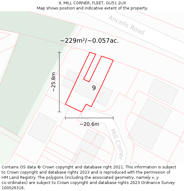 9, MILL CORNER, FLEET, GU51 2UX: Plot and title map