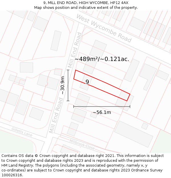 9, MILL END ROAD, HIGH WYCOMBE, HP12 4AX: Plot and title map