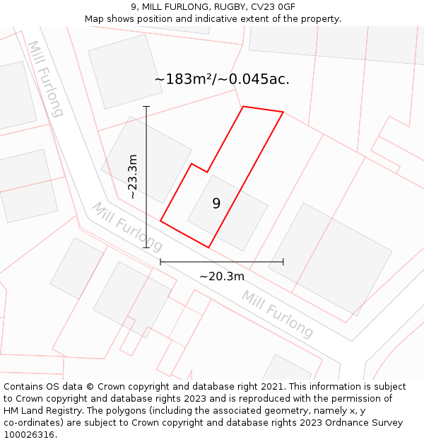 9, MILL FURLONG, RUGBY, CV23 0GF: Plot and title map