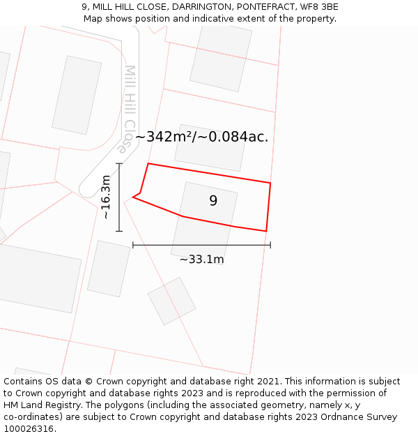 9, MILL HILL CLOSE, DARRINGTON, PONTEFRACT, WF8 3BE: Plot and title map