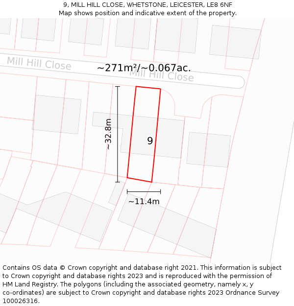 9, MILL HILL CLOSE, WHETSTONE, LEICESTER, LE8 6NF: Plot and title map