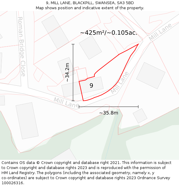 9, MILL LANE, BLACKPILL, SWANSEA, SA3 5BD: Plot and title map