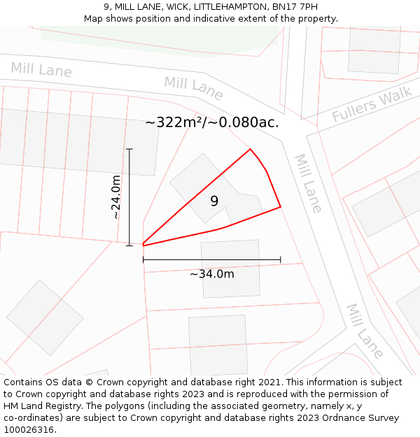 9, MILL LANE, WICK, LITTLEHAMPTON, BN17 7PH: Plot and title map