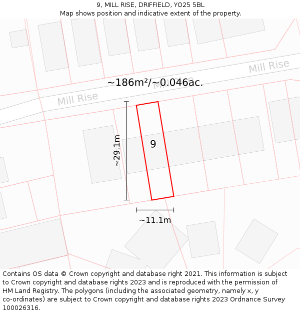 9, MILL RISE, DRIFFIELD, YO25 5BL: Plot and title map