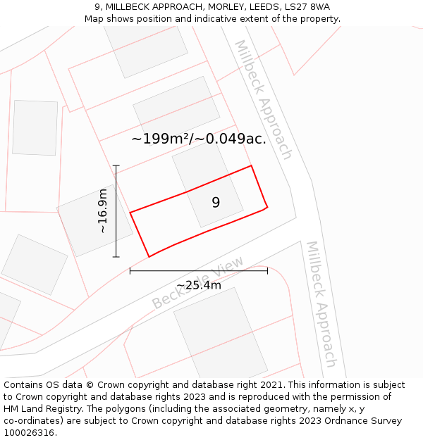 9, MILLBECK APPROACH, MORLEY, LEEDS, LS27 8WA: Plot and title map