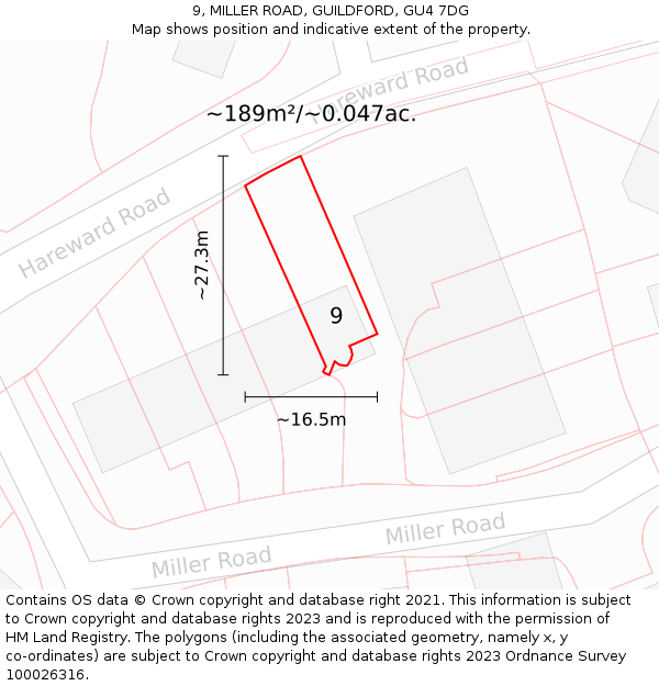 9, MILLER ROAD, GUILDFORD, GU4 7DG: Plot and title map