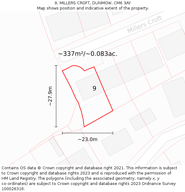 9, MILLERS CROFT, DUNMOW, CM6 3AY: Plot and title map