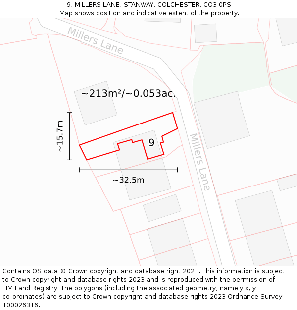 9, MILLERS LANE, STANWAY, COLCHESTER, CO3 0PS: Plot and title map