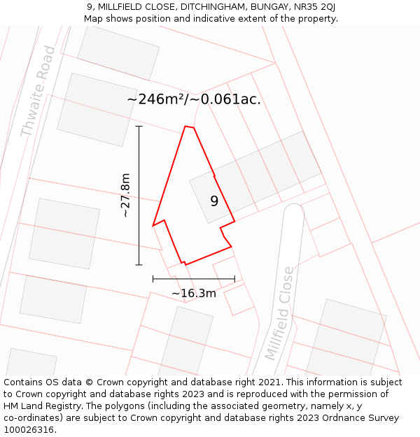 9, MILLFIELD CLOSE, DITCHINGHAM, BUNGAY, NR35 2QJ: Plot and title map