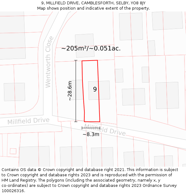 9, MILLFIELD DRIVE, CAMBLESFORTH, SELBY, YO8 8JY: Plot and title map