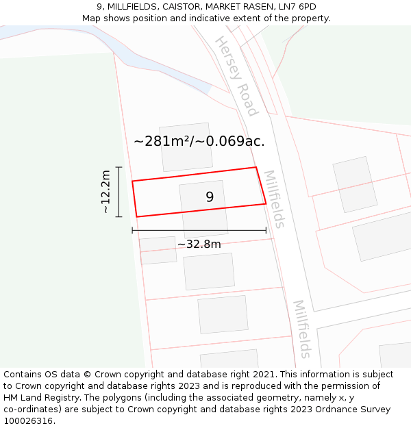 9, MILLFIELDS, CAISTOR, MARKET RASEN, LN7 6PD: Plot and title map