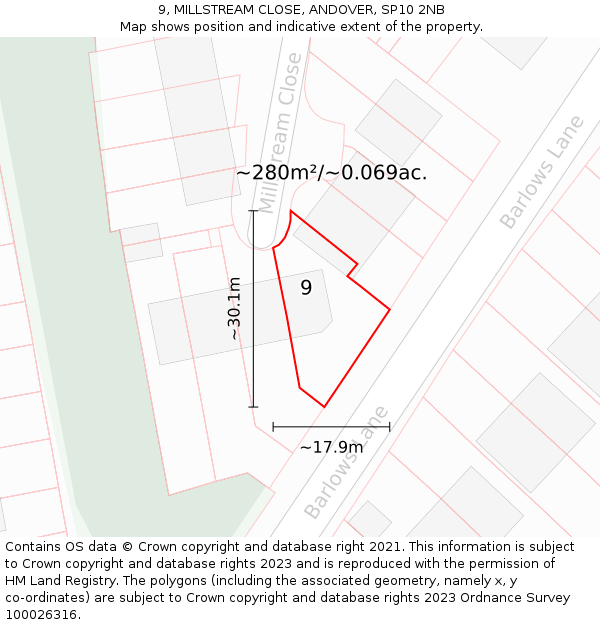 9, MILLSTREAM CLOSE, ANDOVER, SP10 2NB: Plot and title map