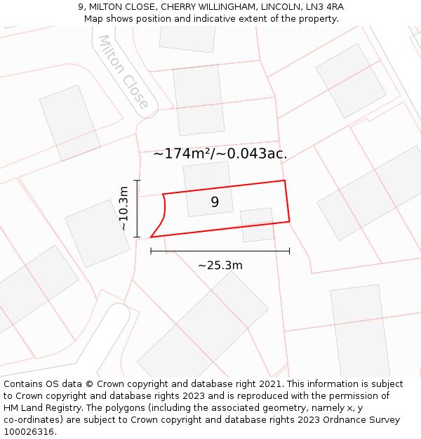 9, MILTON CLOSE, CHERRY WILLINGHAM, LINCOLN, LN3 4RA: Plot and title map