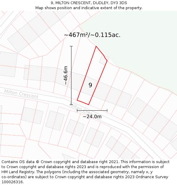 9, MILTON CRESCENT, DUDLEY, DY3 3DS: Plot and title map
